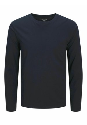 T-shirt à manches longues en coton bleu marine foncé, avec un col rond et une texture lisse. Design minimaliste sans motifs ni accents.