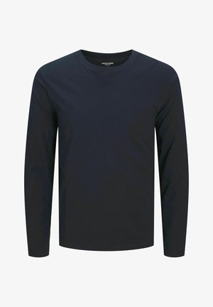 Pitkähihaisen t-paidan tummansininen puuvilla, jossa on pyöreä pääntie ja sileä pinta. Minimalistinen muotoilu ilman kuvioita tai korostuksia.