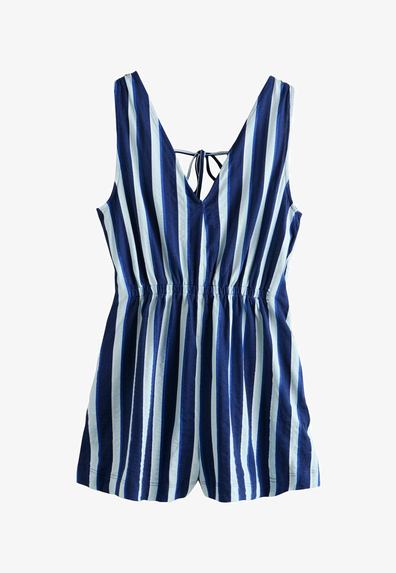 Salopette a strisce con righe verticali blu e azzurro, scollatura a V, vita elasticizzata e dettaglio con lacci sul retro. Realizzata in tessuto leggero.