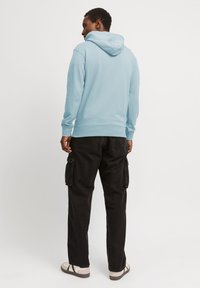 Light blue hoodie with adjustable hood, ribbed cuffs, and hem. Paired with black cargo pants featuring side pockets, and white slip-on shoes.