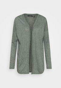 Sweter z długim rękawem i otwartym przodem w stonowanym zielonym kolorze, wykonany z teksturowanej dzianiny, o luźnym kroju i bez zapięć.