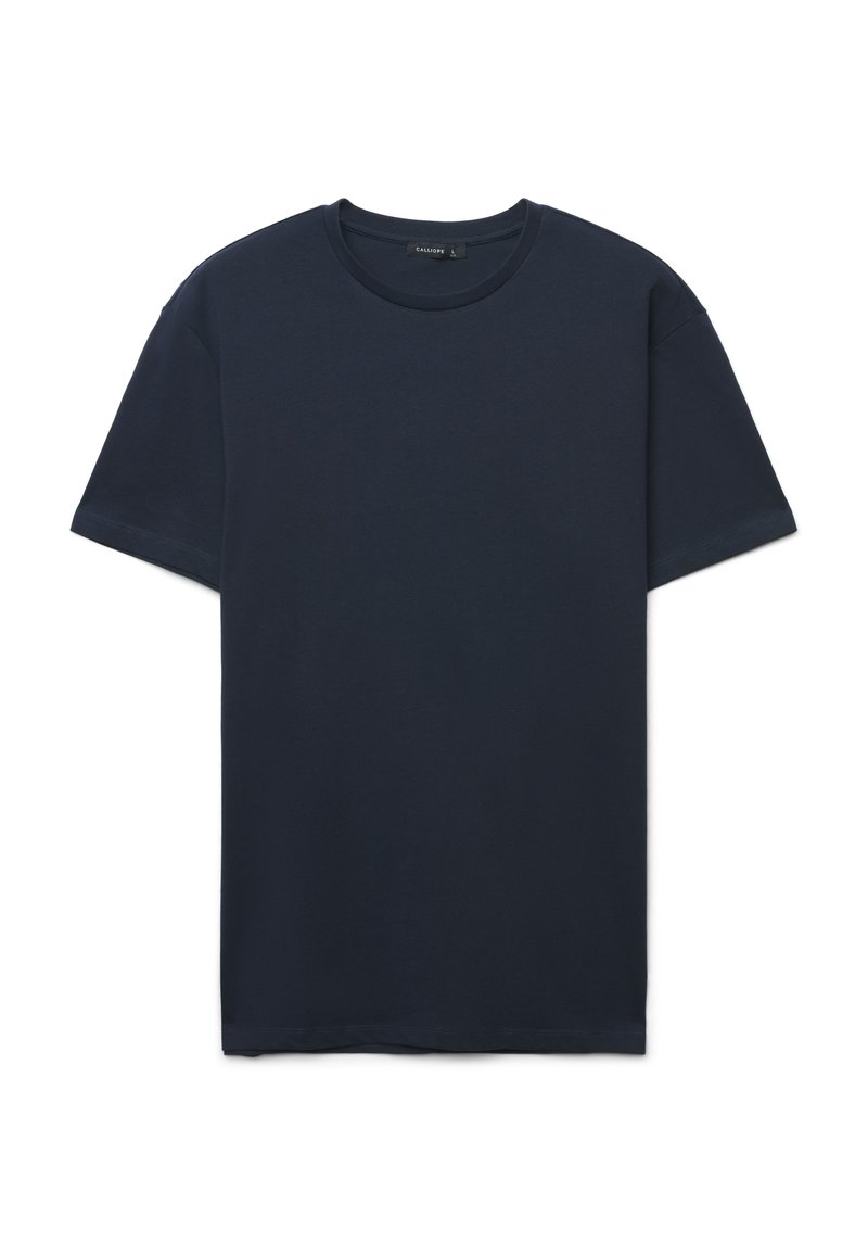 T-shirt in cotone blu navy con collo rotondo, maniche corte e vestibilità comoda. Tessuto liscio e cuciture discrete.