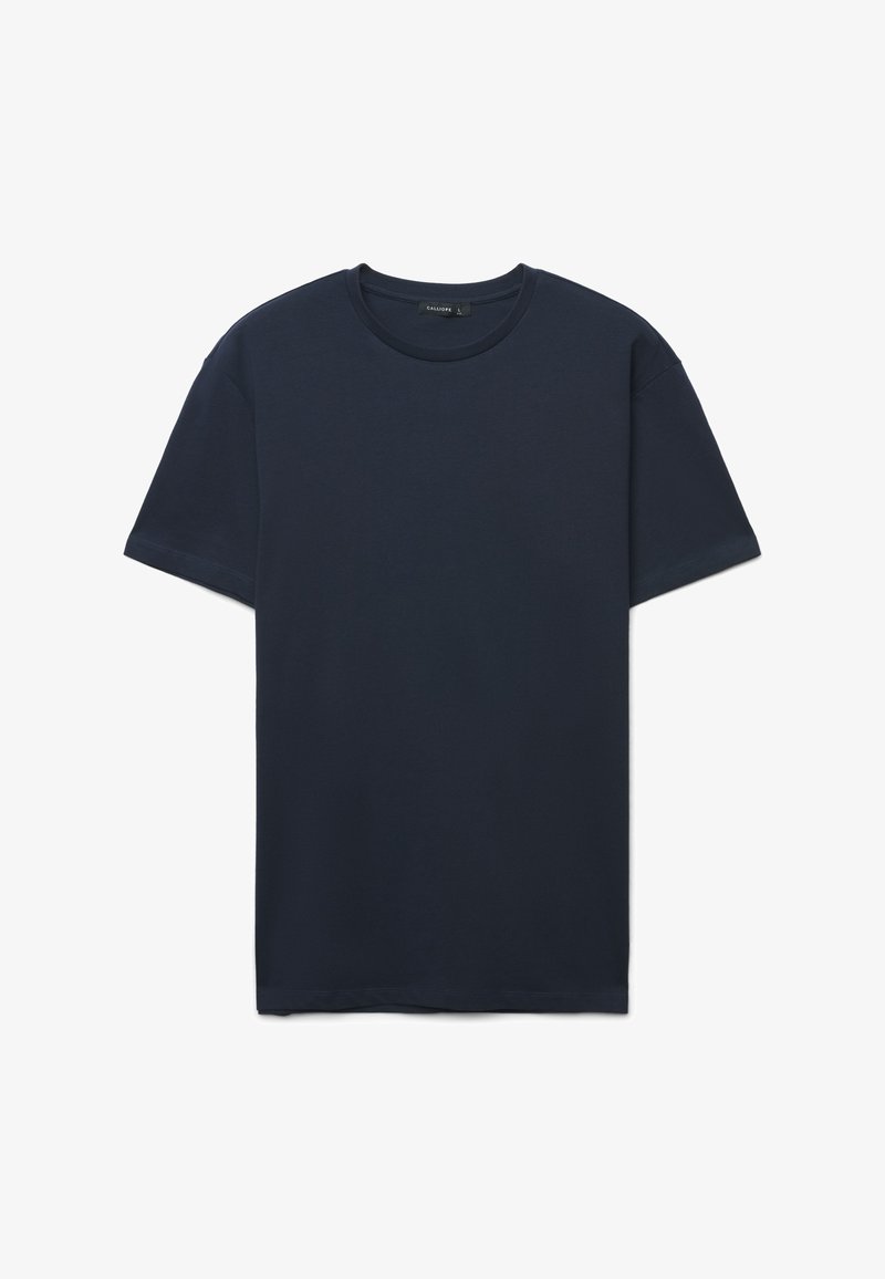 T-shirt in cotone blu navy con collo rotondo, maniche corte e vestibilità comoda. Tessuto liscio e cuciture discrete.