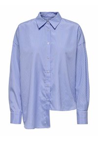 Camicia button-up di tessuto azzurro chiaro con sottili righe bianche; presenta un colletto classico e maniche lunghe e ampie con polsini abbottonati.
