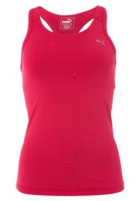 Débardeur de sport rouge pour femme Puma avec un design dos nageur et un petit logo Puma argenté sur la partie supérieure gauche de la poitrine.