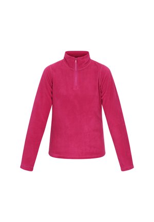 Fleece pullover in felroze, met een hoge kraag en een kwart rits aan de voorkant. Soepele textuur met lange mouwen en een aansluitende pasvorm.