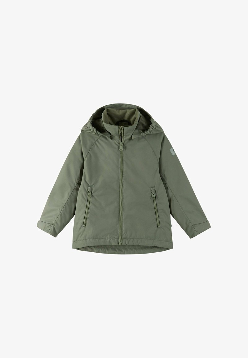 Grön huva-jacka med dragkedja fram, två dragkedjefickor på sidan och en texturerad foder inuti. Har en avslappnad passform och elastiska ärmslut.