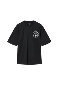 Zwarte katoenen t-shirt met korte mouwen, ronde hals en een grafisch logo in het wit op de linkerkant van de borst. Gladde textuur, relaxte pasvorm.