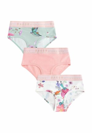 Drei Paare Damenunterhosen: grün mit floralem Muster, einfarbig pink und weiß mit bunten Blumen; alle haben einen weichen, elastischen Bund.
