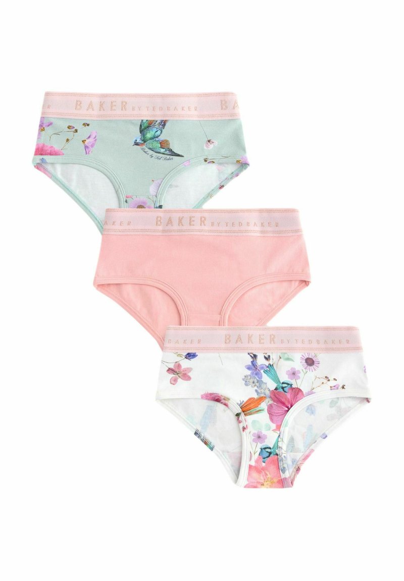Trois paires de culottes pour femmes : vertes avec un imprimé floral, roses unies et blanches avec des fleurs multicolores ; toutes ont une taille douce et élastique.