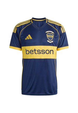 Maglietta da football blu e gialla con scollo a V, maniche corte, tre strisce sulle spalle, logo dello sponsor e stemma della squadra sul petto.