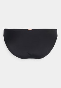 Parte de baixo de biquíni preta, feita de um material liso e elástico. Apresenta um design de cintura baixa com uma pequena etiqueta ou detalhe em metal polido na parte de trás.