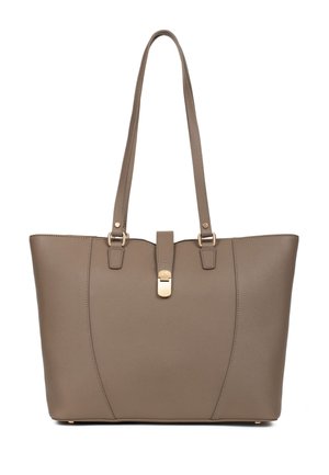 Duża torba typu tote z taupe skóry z długimi uchwytami i złotym zapięciem z przodu, gładkie wykończenie o teksturze.