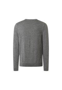 Ein schlichter grauer Pullover mit langen Ärmeln, Rundhalsausschnitt, gerippten Bündchen und Saum, von hinten vor einem weißen Hintergrund gezeigt.