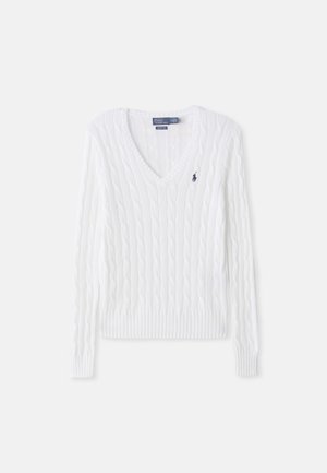 White cable-knit sweater with a V-neckline, ribbed cuffs and hem, and a small navy logo on the left chest. Made from a soft fabric.