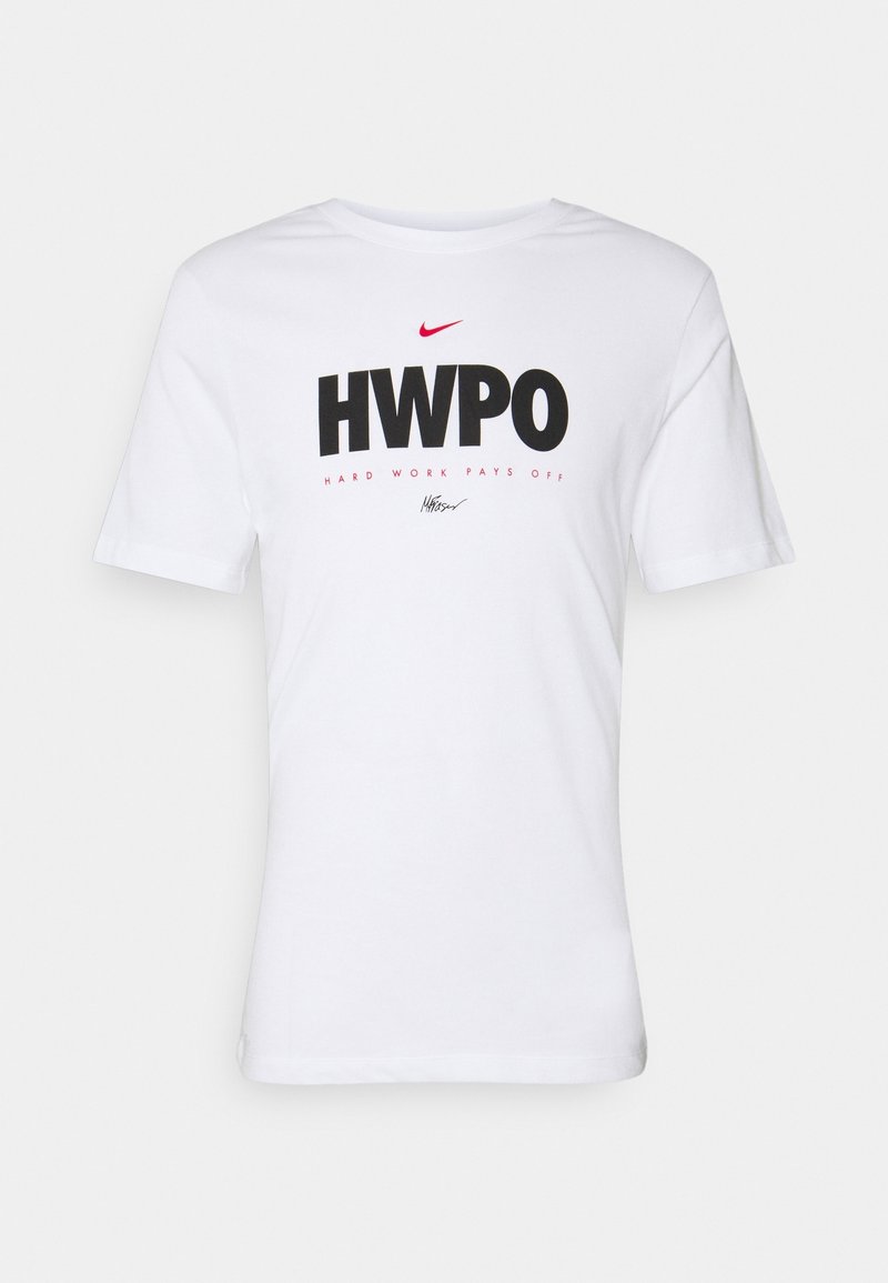 White cotton t-shirt featuring bold black text "HWPO" and smaller pink text "HARD WORK PAYS OFF," with a Nike logo above. Short sleeves, crew neck.