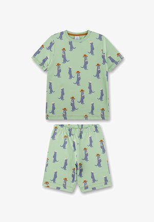 Grüne kurzärmelige Pyjamas mit verspielten Otter-Mustern, bestehend aus Shorts und einem runden Ausschnitt. Hergestellt aus weichem, atmungsaktivem Stoff.