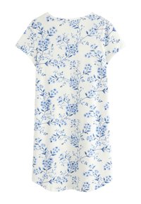 Blomsterkjole i hvidt stof med blåt blomster- og bladtryk. Korte ærmer, rund halsudskæring, buet bund. Glat tekstur, afslappet design.