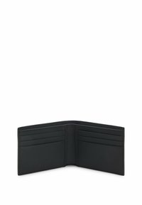 Black leather wallet with multiple card slots, sleek design, and a textured finish. Opened view shows interior layout and stitching.