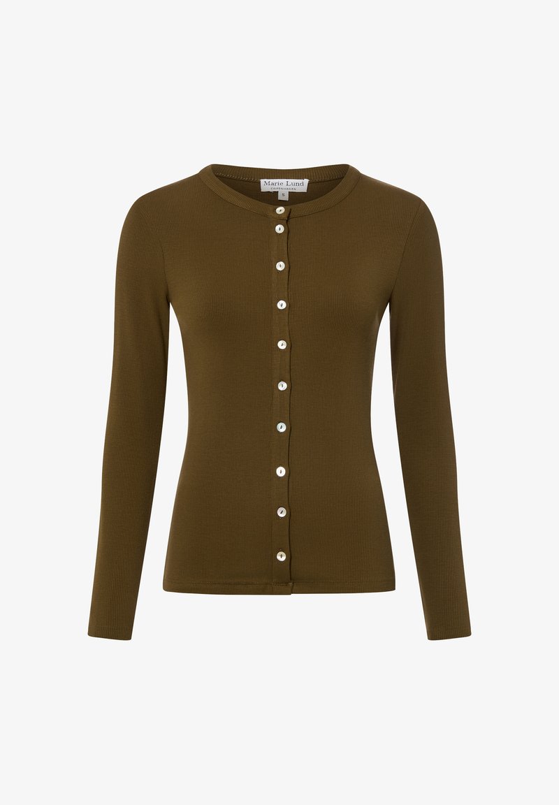 Olive green, ribbed long-sleeve cardigan with round neck and front button closure featuring white buttons down the center.