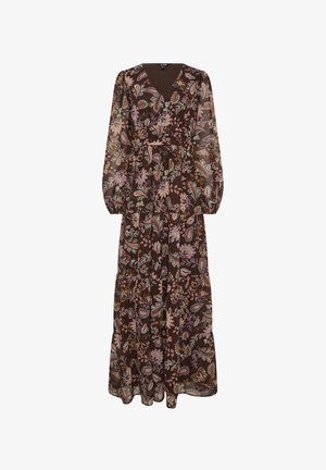 Braunes Maxikleid mit floralem Muster aus leichtem, transparentem Stoff, langen Ärmeln, V-Ausschnitt und gestuftem Design mit rosa und grünen Akzenten.