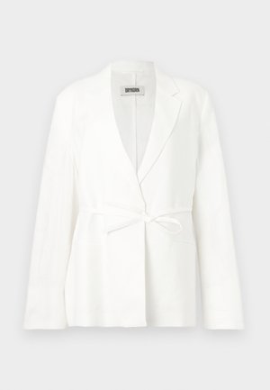 White tailored blazer with long sleeves, notch lapels, and a front tie belt, displayed on a plain light background.