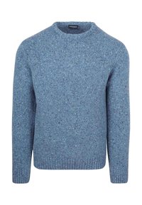 Blauwe gebreide trui met een ronde hals, voorzien van een gespikkelde textuur en geribbelde boorden en zoom. Eenvoudig, comfortabel model.