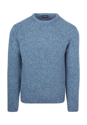 Blauer Strickpullover mit rundem Ausschnitt, der eine gesprenkelte Textur sowie gerippte Bündchen und Saum aufweist. Einfaches, lässiges Design mit lockerem Schnitt.