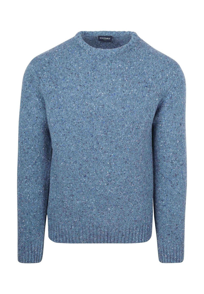 Blauwe gebreide trui met een ronde hals, voorzien van een gespikkelde textuur en geribbelde boorden en zoom. Eenvoudig, comfortabel model.