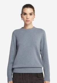 Pullover lavorato a maglia di colore azzurro chiaro con scollo rotondo, polsini e orlo a coste. Texture morbida, con sottili variazioni di colore in tutto il capo.