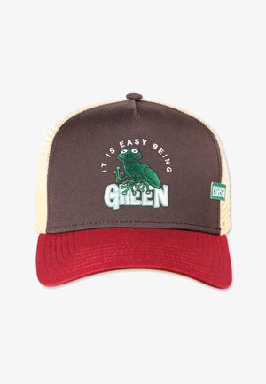 Brown and red cap with mesh sides, featuring an embroidered green frog and text “IT IS EASY BEING GREEN” in white lettering.