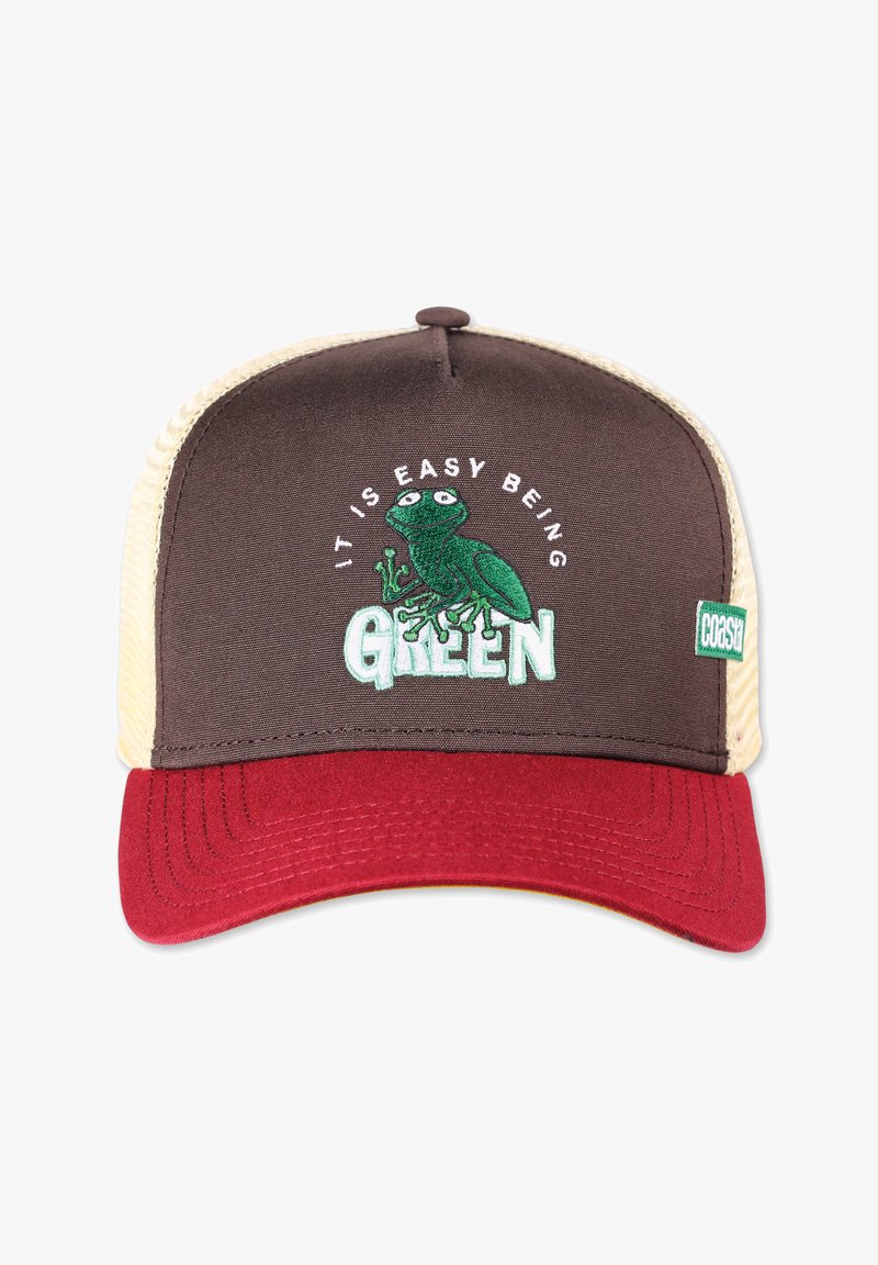 Brown and red cap with mesh sides, featuring an embroidered green frog and text “IT IS EASY BEING GREEN” in white lettering.