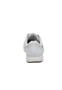 Sneaker bianco in pelle con retro arrotondato, cuciture a contrasto, collo imbottito e suola in gomma testurizzata. Design minimalista senza motivi.