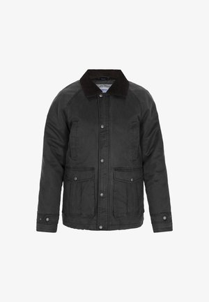 Jachetă neagră cu guler din catifea, două buzunare frontale, nasturi tip capsa și un design clasic, fabricată dintr-un material durabil.