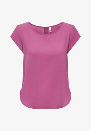 Korte mouw, ronde hals blouse in felroze, met een gestructureerd oppervlak en een ritssluiting aan de achterkant, met een gebogen zoom.