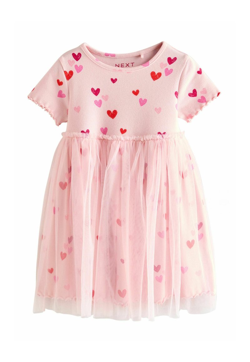 Rózsaszín ruha rövid ujjakkal, pamut felső résszel, melyet színes szívminták díszítenek, tüll szoknyával és hullámos szegélyével.