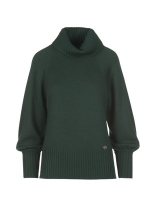 Pulover de culoare verde închis, cu guler înalt cu derat, mâneci bufante și mansete cu borduri. Prezintă un detaliu mic cu logo metalic pe latura inferioară.