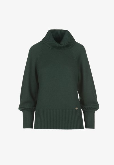 Pulover de culoare verde închis, cu guler înalt cu derat, mâneci bufante și mansete cu borduri. Prezintă un detaliu mic cu logo metalic pe latura inferioară.