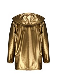 Veste à capuche métallique dorée, avec une finition lisse et brillante, une coupe ample et un ourlet élastique. La vue arrière montre un tissu froncé au niveau de la capuche.
