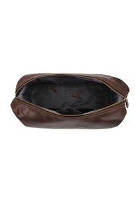 Brown leather pouch with a textured finish, a gold zipper closure, and a waterproof interior featuring a subtle logo print.