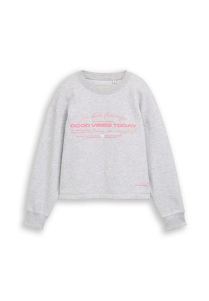 Sweat-shirt court gris clair à manches longues avec texte rose ""No bad feelings, good vibes today, focus on myself"" sur le devant.