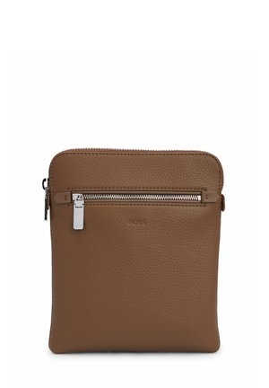 Pochette en cuir marron pour tablette avec une surface texturée, dotée d'une fermeture éclair en métal argenté et d'une poche zippée à l'avant. Logo estampé à l'avant.