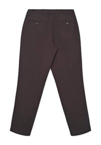 Dunkelgraue Hosen mit geradem Schnitt, flachen Front, zwei Gesäßtaschen mit Knöpfen und Gürtelschlaufen. Glatte Stoffstruktur.