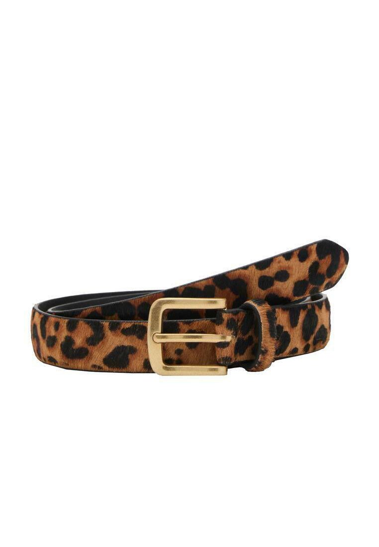 Remenjak s uzorkom leoparda od umjetnog krzna, s zlatnom metalnom kopčom, glatke teksture i sužene na kraju.