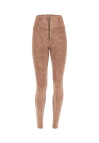 Korkea vyötärö brown leggingsit, joissa on hienovarainen rakenne, etuvetoketju ja sileä, venyvä kangas.