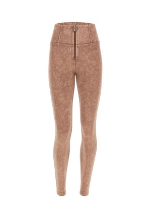 Korkea vyötärö brown leggingsit, joissa on hienovarainen rakenne, etuvetoketju ja sileä, venyvä kangas.