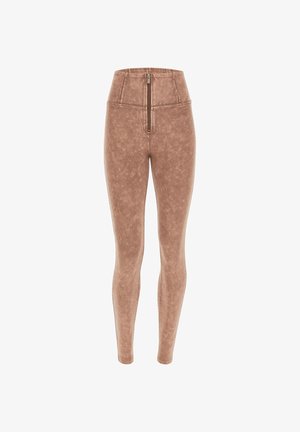 Korkea vyötärö brown leggingsit, joissa on hienovarainen rakenne, etuvetoketju ja sileä, venyvä kangas.