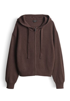 Felpa con cappuccio marrone a costine con zip frontale, coulisse e maniche lunghe. Texture morbida e vestibilità rilassata. Nessun motivo o dettaglio visibile.