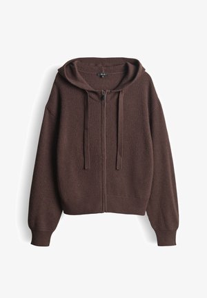 Braune, gerippte Hoodie-Jacke mit durchgehendem Reißverschluss, Kordelzug und langen Ärmeln. Weiche Textur und lockere Passform. Keine sichtbaren Muster oder Akzente.