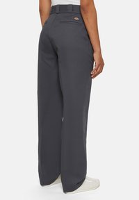 Dark gray wide-leg trousers with a high waistband, featuring a stitched logo on the back pocket and smooth fabric texture.
